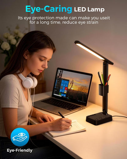 LED Desk Lamp with Power Strip, 3 AC Outlets & 4 USB Ports (2 USB-C), Stepless Dimming & 2800K-6500K Eye-Caring Desk Light, Foldable Table Lamp with 5FT Cord for Home Office, Dorm Room Essentials