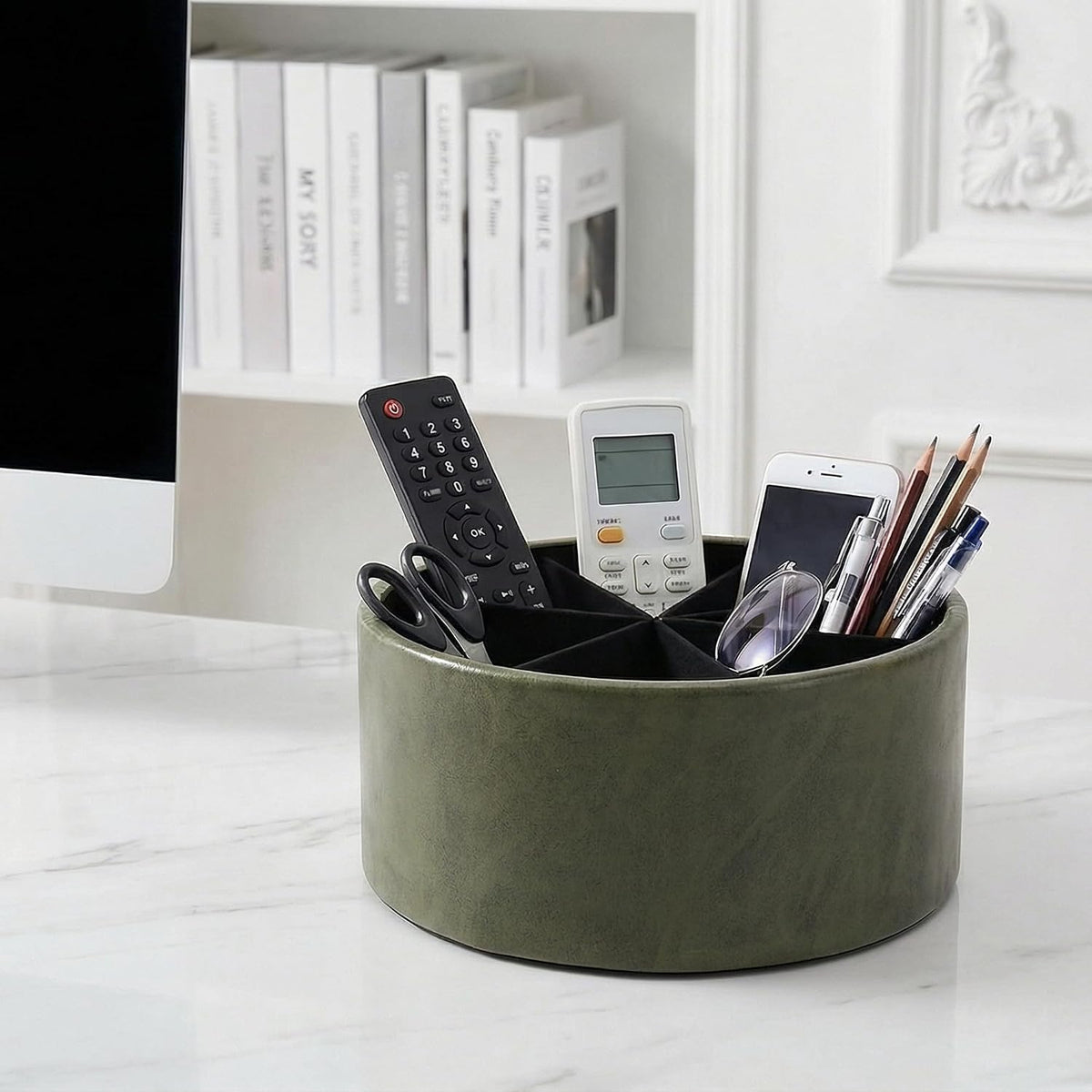 Round Leather Art Supply Organizer,Remote Control Holder,360 Degree Rotating,Multi-Functional Pencil Holder,4 Compartments Desktop Stationary Organizer(1-Blue Bird) - Colors C