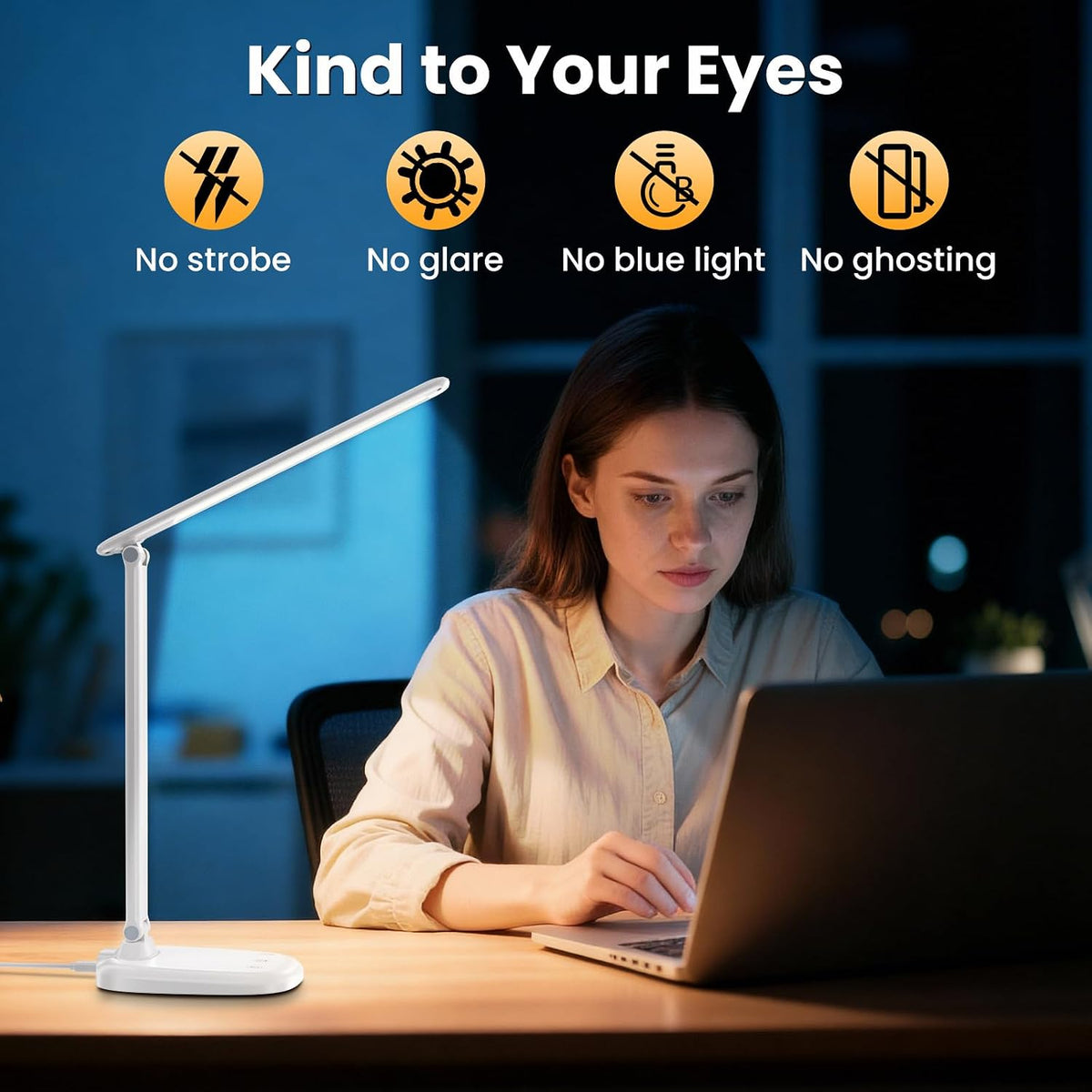 Desk Lamp with Charger, 10%-100% Stepless Dimmable & 5 Color Modes Study Lamp, Touch Control, 30-/60-minute Timer, USB Charging Output Port, CRI≥90, Eye-Caring Foldable LED Desk Lamps for Home Office
