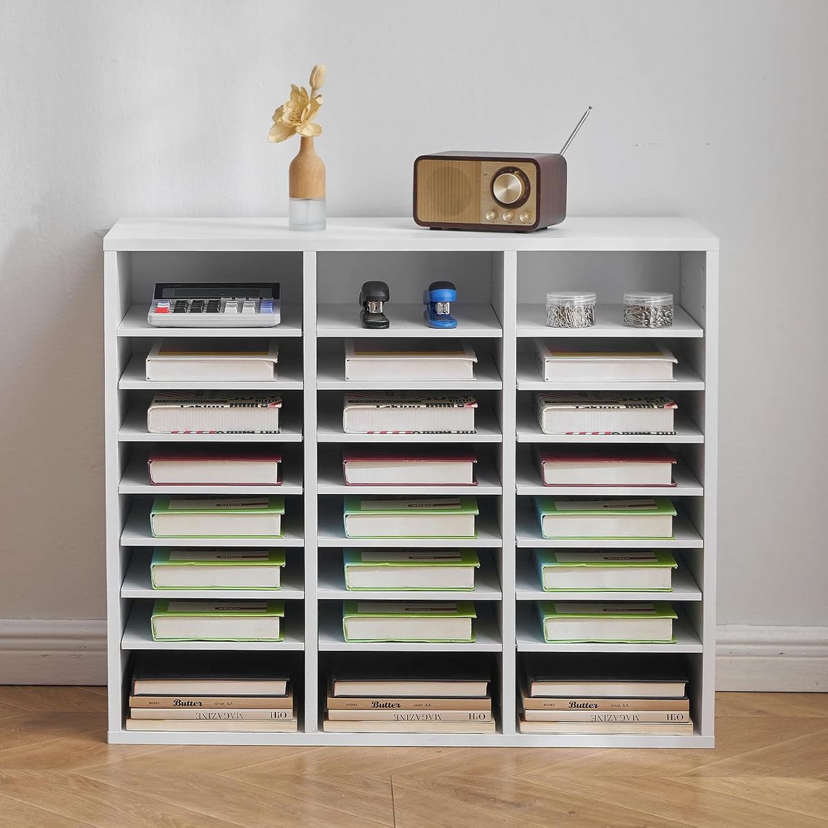 VEVOR Literature Organizers, 12 Compartments Office Mailbox with Adjustable Shelves, Wood Literature Sorter 20.4x12x16.1 inches for Office, Home, Classroom, Mailrooms Organization, EPA Certified White
