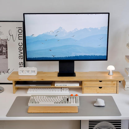 Bamboo Dual Monitor Stand, 39.3 inch Computer Monitor Riser with 2 Drawers, Desk Shelf with Cable Management for Home Office, Printer, Laptop