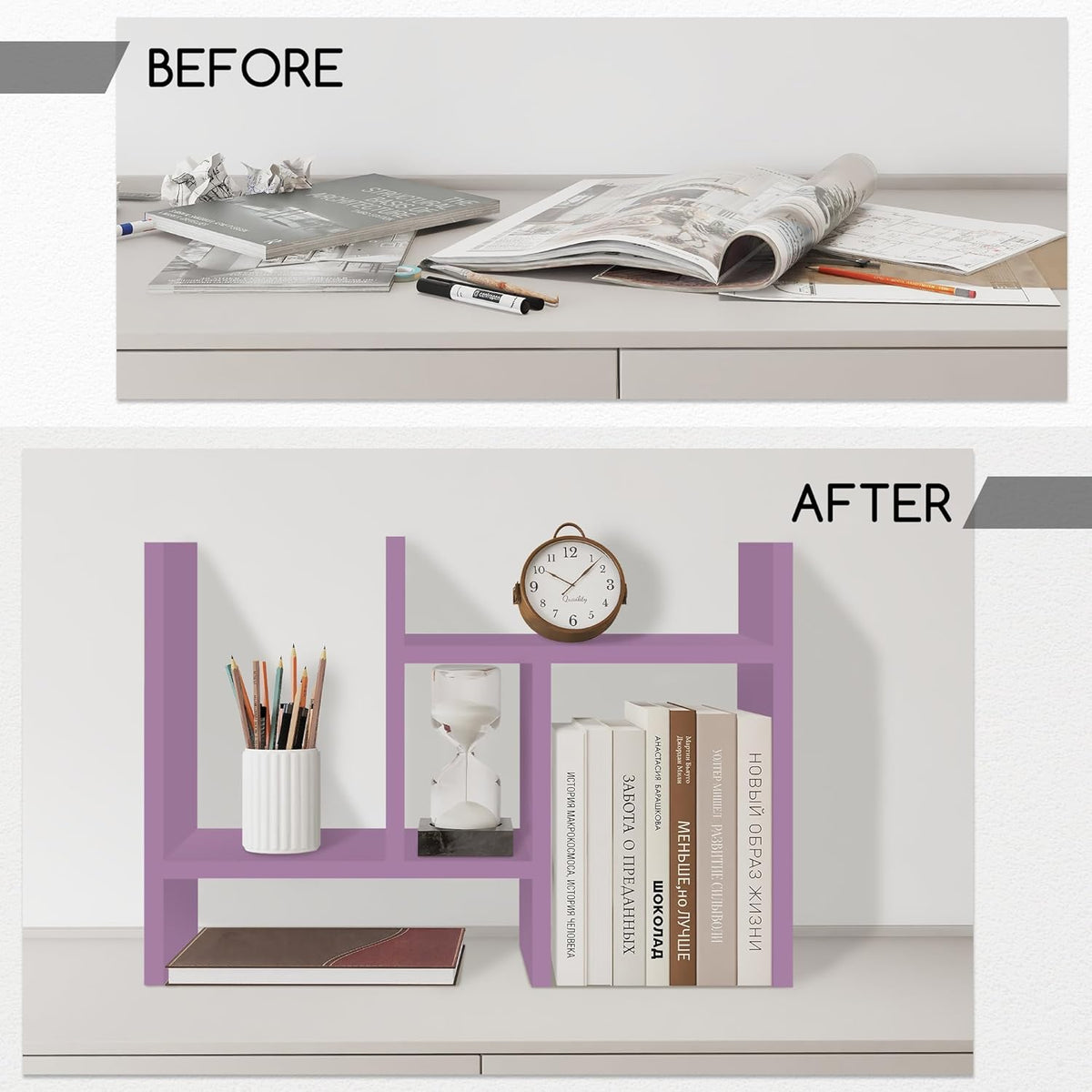 Jerry & Maggie Desktop Organizer Office Storage Rack Adjustable Wood Display Shelf Free Style Double H, Multi-Functional Mini Bookshelf for Desk Natural Stand (White)