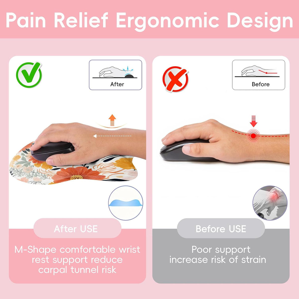 Wrist Support Mouse Pad Anti Slip Rubber Wrist Rest Mousepad 9in X 8in Small Desktop Notebook Mouse Mat for Working and Gaming (M-Pink Floral)