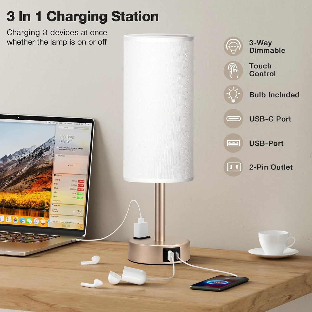 Fenmzee Bedside Table Lamp for Bedroom - Dimmable Touch, USB A+C, AC Outlet