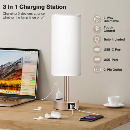 Fenmzee Bedside Table Lamp for Bedroom - Dimmable Touch, USB A+C, AC Outlet