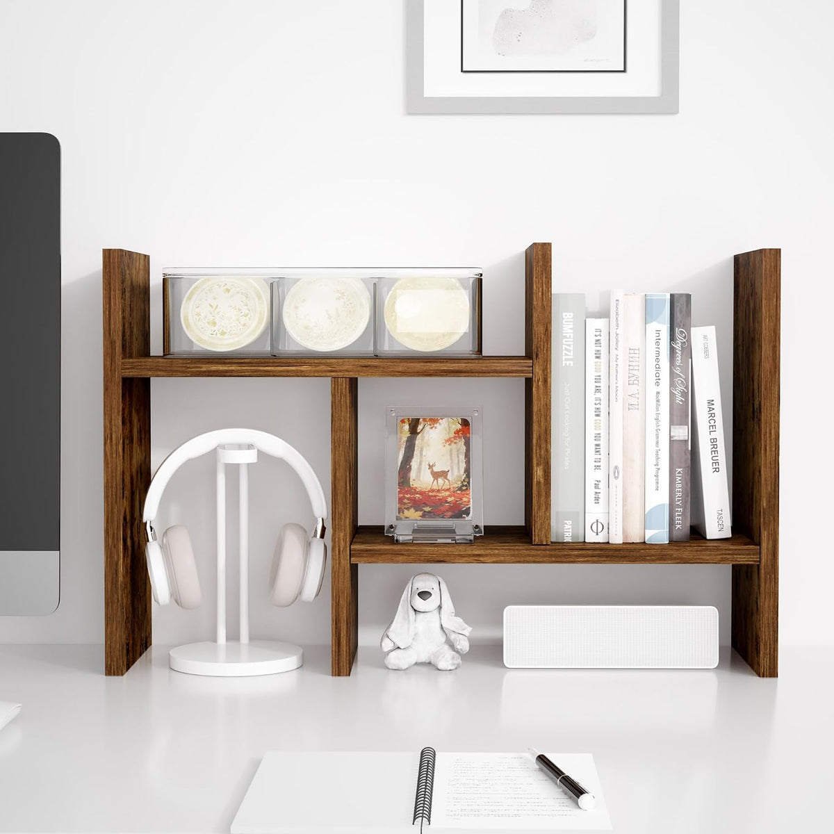 Jerry & Maggie Desktop Organizer Office Storage Rack Adjustable Wood Display Shelf Free Style Double H, Multi-Functional Mini Bookshelf for Desk Natural Stand (White)