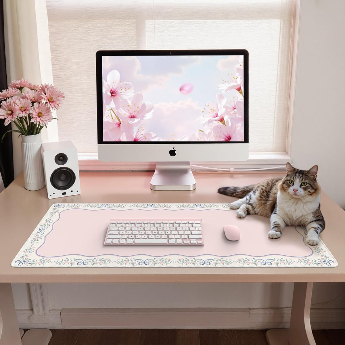 Desk Mat,Mouse Pad for Office Desk,35.4x15.7in,Pink Flowers