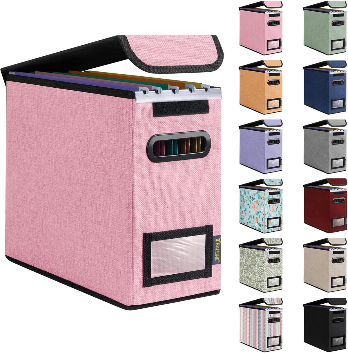 BALEINE File Organizer Box with Lid, Collapsible File Folder Organizer with Plastic Slide, Hanging File Folder Box for Office Document Storage (Black)