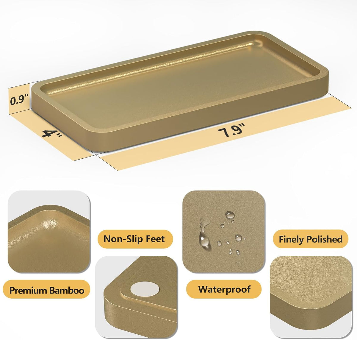 Small Bathroom Vanity Tray for Countertop Makeup Perfume Jewelry Decor Candle Keys, Small Black Kitchen Tray for Soap Dispenser Spice Bamboo Toilet Tray 7.9" L x 4" W x 0.79" H