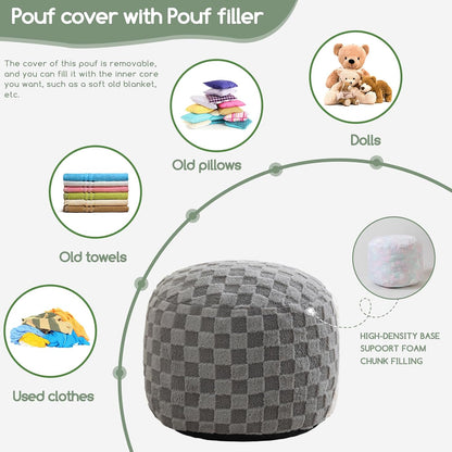 Round Stuffed Pouf Ottoman, Corduroy Poufs with Foam Chunk Filling, Furry and Fluffy Pouf Foot Stool Storage Ottoman, 20 X 15 Floor Poufs Foot Rest for Living Room, Dark Grey