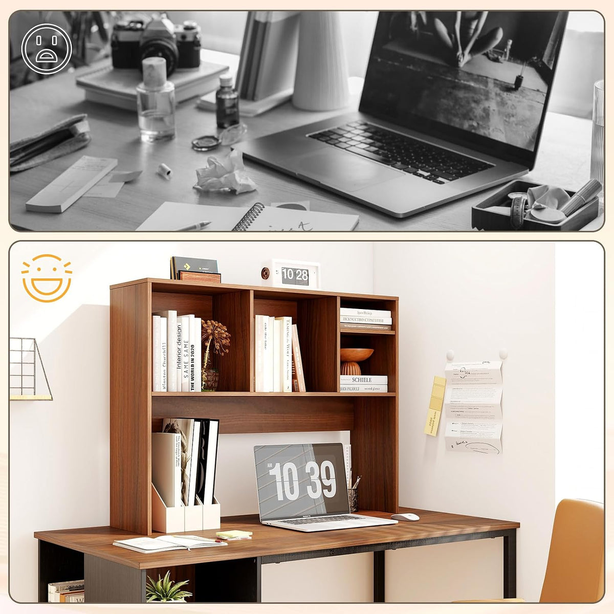 Desktop Bookshelf, Countertop Storage Hutch with 5 Shelves for Computer Desk, Desk 3-Tier Display Rack, Multipurpose Wood Desktop Hutch Storage Organizer for Dorm Office Home