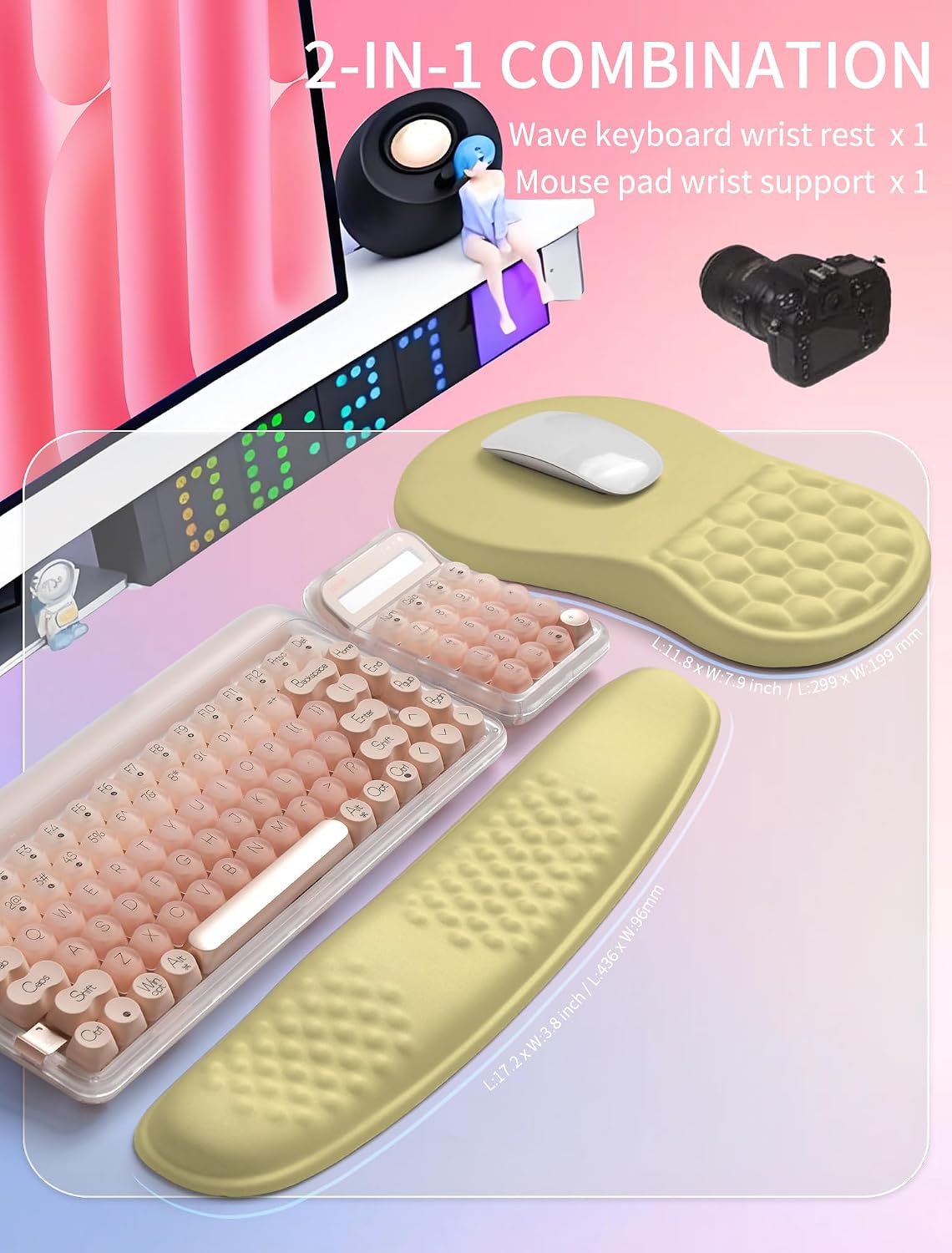 2in1 Combination, Wave Keyboard Wrist Rest and Ergonomic Curvature Mouse Pad Wrist Support for Relieve Wrist Pain, Filled with Soft Cushion Memory Foam, Black