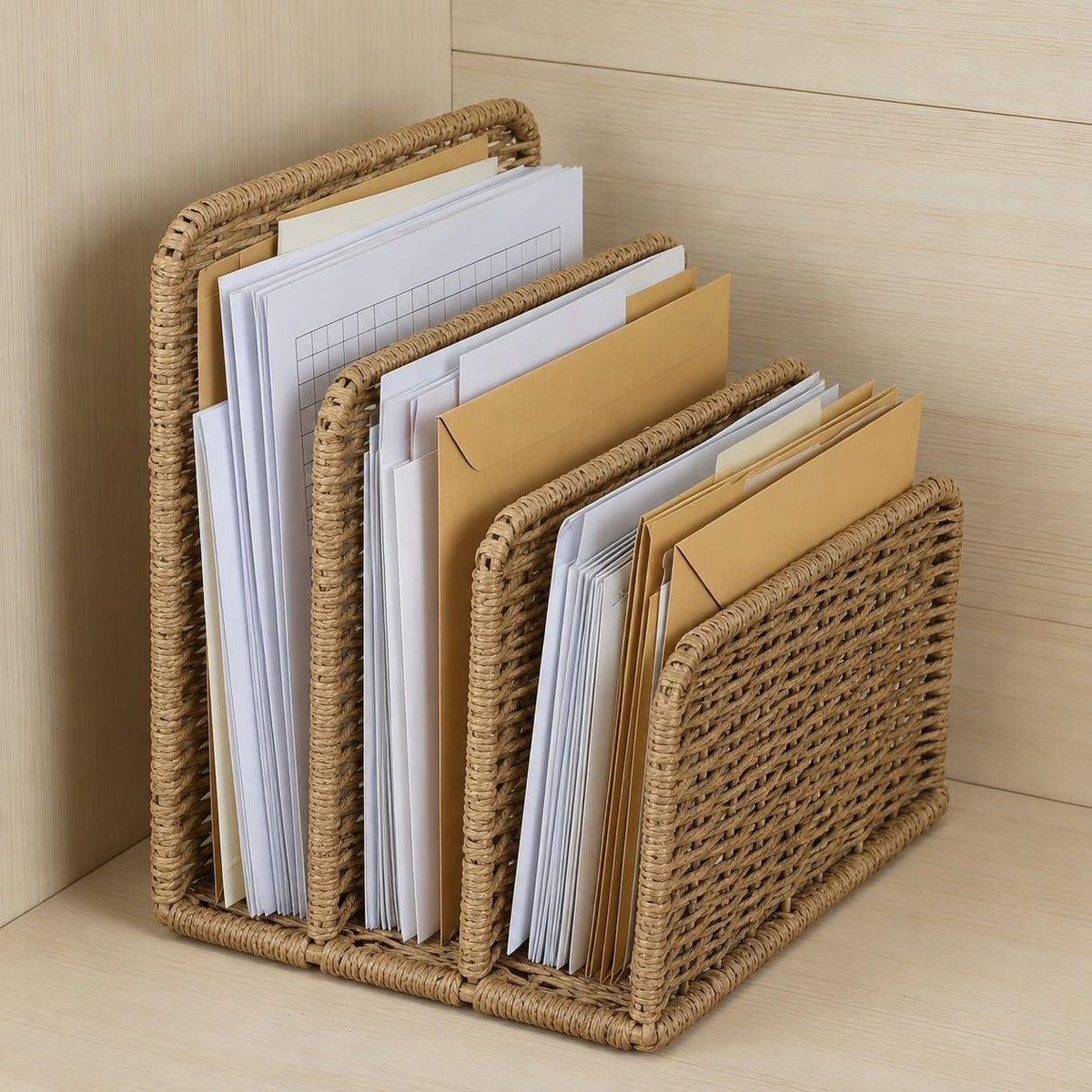 Desk Mail Organizer, 3-Slot Woven Letter Sorter File Tray, Multi-Purpose Desk Holder for Envelopes, Bills, Documents, Notebooks, Office and Home Use