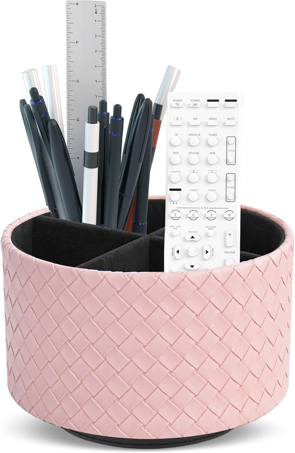 Round Leather Art Supply Organizer,Remote Control Holder,360 Degree Rotating,Multi-Functional Pencil Holder,4 Compartments Desktop Stationary Organizer(1-Blue Bird) - Colors A