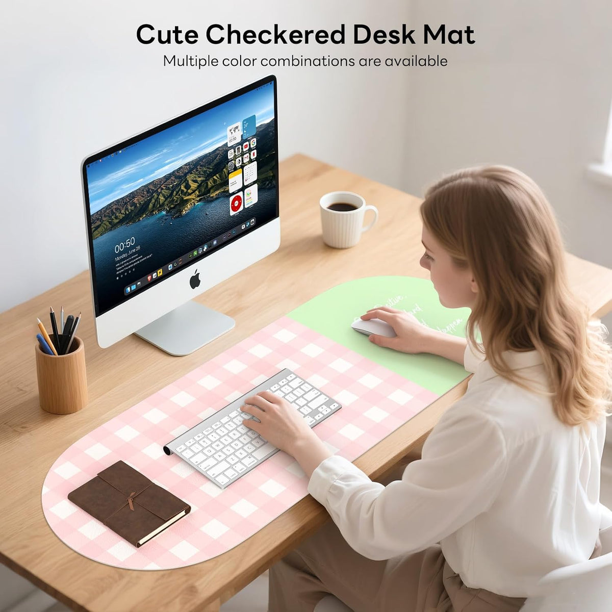 Checkered Pattern Desk Pad Protector, 35.5 x 13'' Aesthetic Mouse Mat for Desktop, Waterproof PU Leathe Non-Slip Desk Writing Pad for Office and Home, Green and Purple