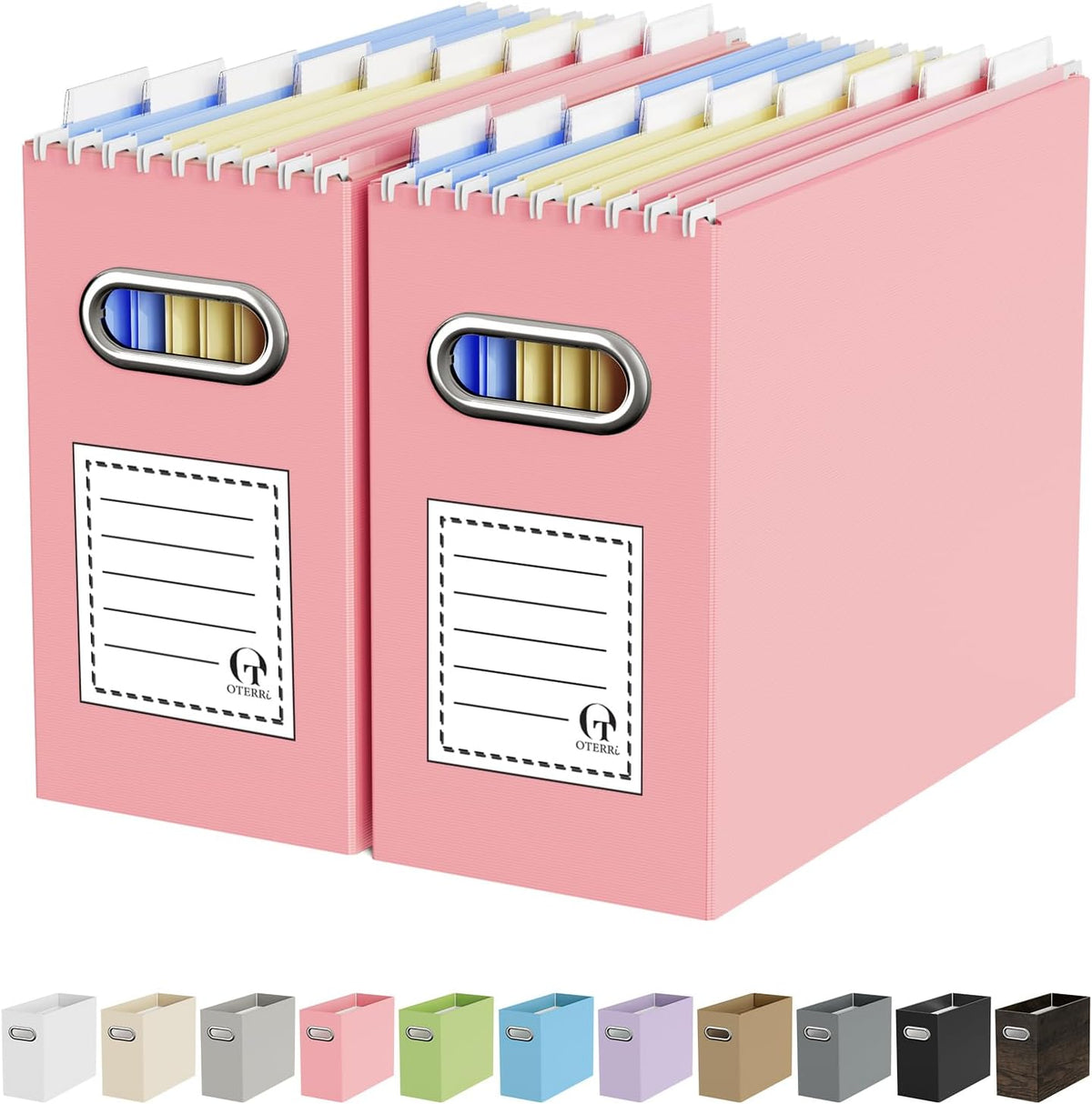 Oterri File Organizer Box, Portable Collapsible Cardboard File Folder Organizer with Handle for Letter Size Hanging Files, Document Storage Box for Home Office & Classroom (Pink)