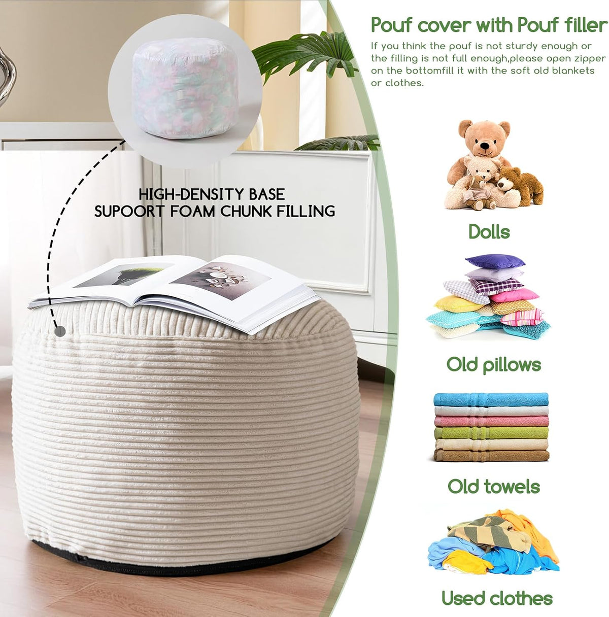 Round Stuffed Pouf Ottoman, Corduroy Poufs with Foam Chunk Filling, Furry and Fluffy Pouf Foot Stool Storage Ottoman, 20 X 15 Floor Poufs Foot Rest for Living Room, Dark Grey