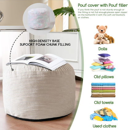 Round Stuffed Pouf Ottoman, Corduroy Poufs with Foam Chunk Filling, Furry and Fluffy Pouf Foot Stool Storage Ottoman, 20 X 15 Floor Poufs Foot Rest for Living Room, Dark Grey