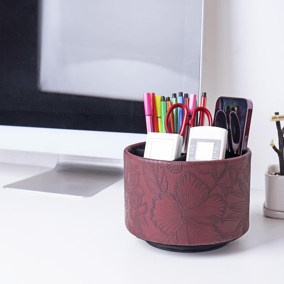 Round Leather Art Supply Organizer,Remote Control Holder,360 Degree Rotating,Multi-Functional Pencil Holder,4 Compartments Desktop Stationary Organizer(1-Blue Bird) - Colors C
