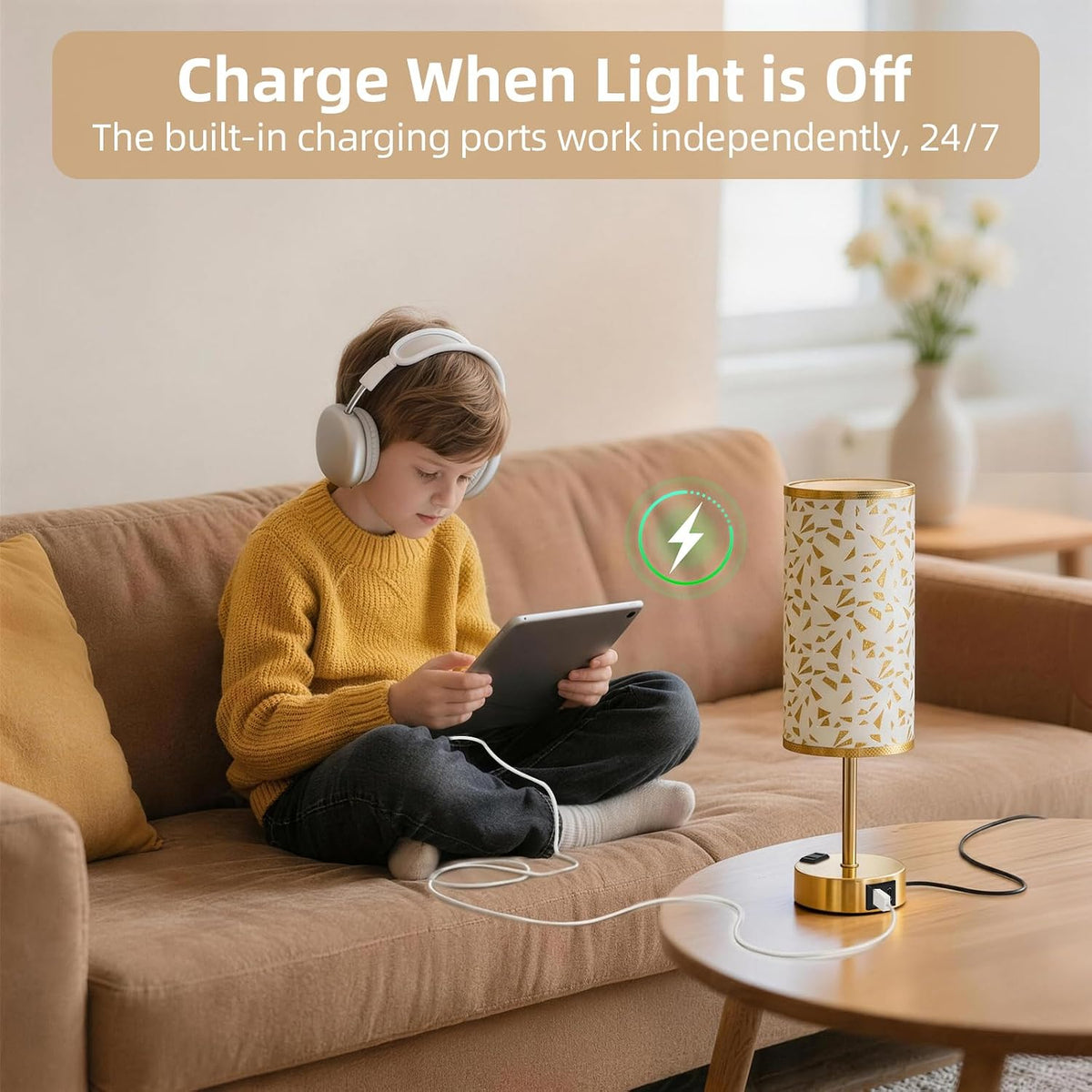 Table Lamp for Nightstand, High-Sensitivity Touch, 3-Level Dimmable Bedside Lamp with AC Outlet | USB | and USB-C, Ideal Night Stand Lamp for Bedroom, Reading, Living Room(Warm&Wooden)