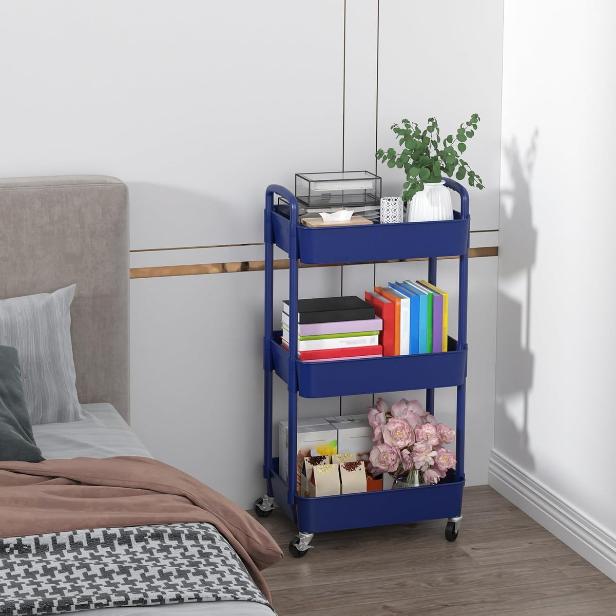 Sywhitta 3-Tier Plastic Rolling Utility Cart with Handle, Multi-Functional Storage Trolley for Office, Living Room, Kitchen, Movable Storage Organizer with Wheels, Black