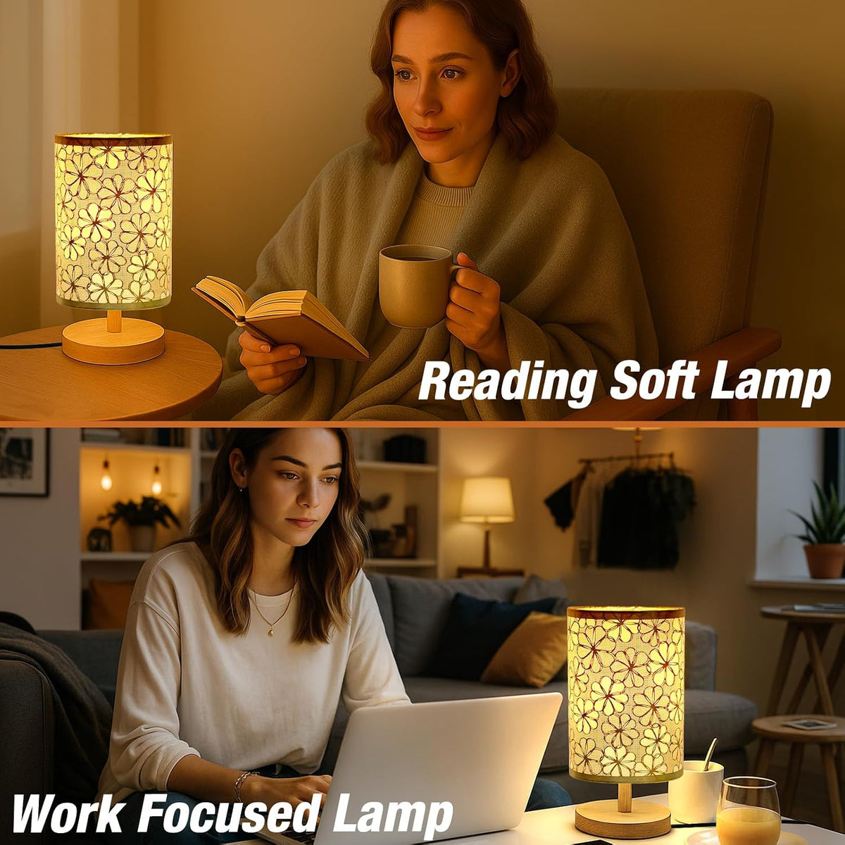 Desk Lamp LED Bulb Included, Small Bedside Table Lamp Plug-in - Classic Wood Base with Flaxen Fabric Shade, Lamps for Night Stands, Simple Nightstand Light for Bedroom, Office, Desk