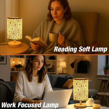 Desk Lamp LED Bulb Included, Small Bedside Table Lamp Plug-in - Classic Wood Base with Flaxen Fabric Shade, Lamps for Night Stands, Simple Nightstand Light for Bedroom, Office, Desk