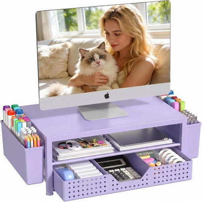 Desk Organizers and Accessories, Computer Monitor Stand Riser with Drawer and 2 Pen Holders, Printer & Laptop Stand, Office Desk Accessories & Workspace Organizers for Home Office Supplies, Black