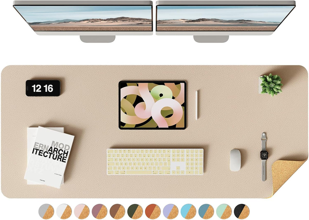 Double-Sided Desk Pad, 31.5"x15.7"Leather Desk Mat, Eco Cork Desk Pad Protector,Large Mouse Pad,Waterproof Desk Blotter for Office/Home(Coffee)