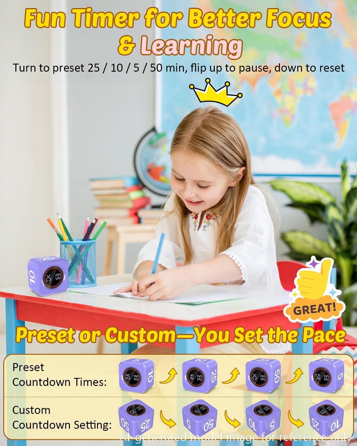 Digital Pomodoro Timer Cube 5/10/25/50min, Visual Productivity Flip Timer for Kids Classroom Desk, Custom Countdown, Silent and Sound Mode for ADHD Study Work Game Kitchen (Purple)