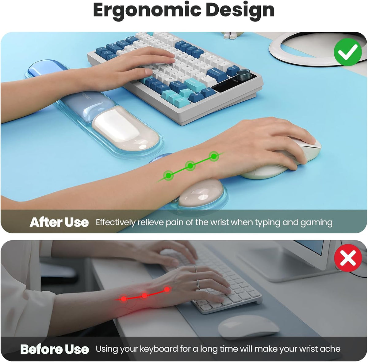 TECKNET Clear Gel Wrist Rest for Computer Keyboard, Ergonomic Gel Keyboard Wrist Rest Set for Typing Pain Relief, Comfortable Silicone Wrist Support Pad for Office/Computer/Laptop/Gaming, Blue