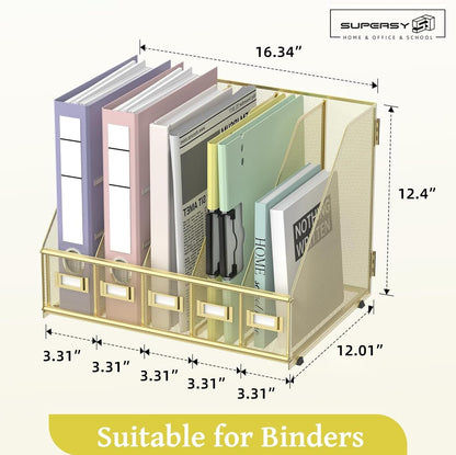 Desk Organizers Metal Desk Magazine File Holder with 5 Vertical Compartments Rack File Organizer for Office Desktop, Classroom, Home Workspace, Black