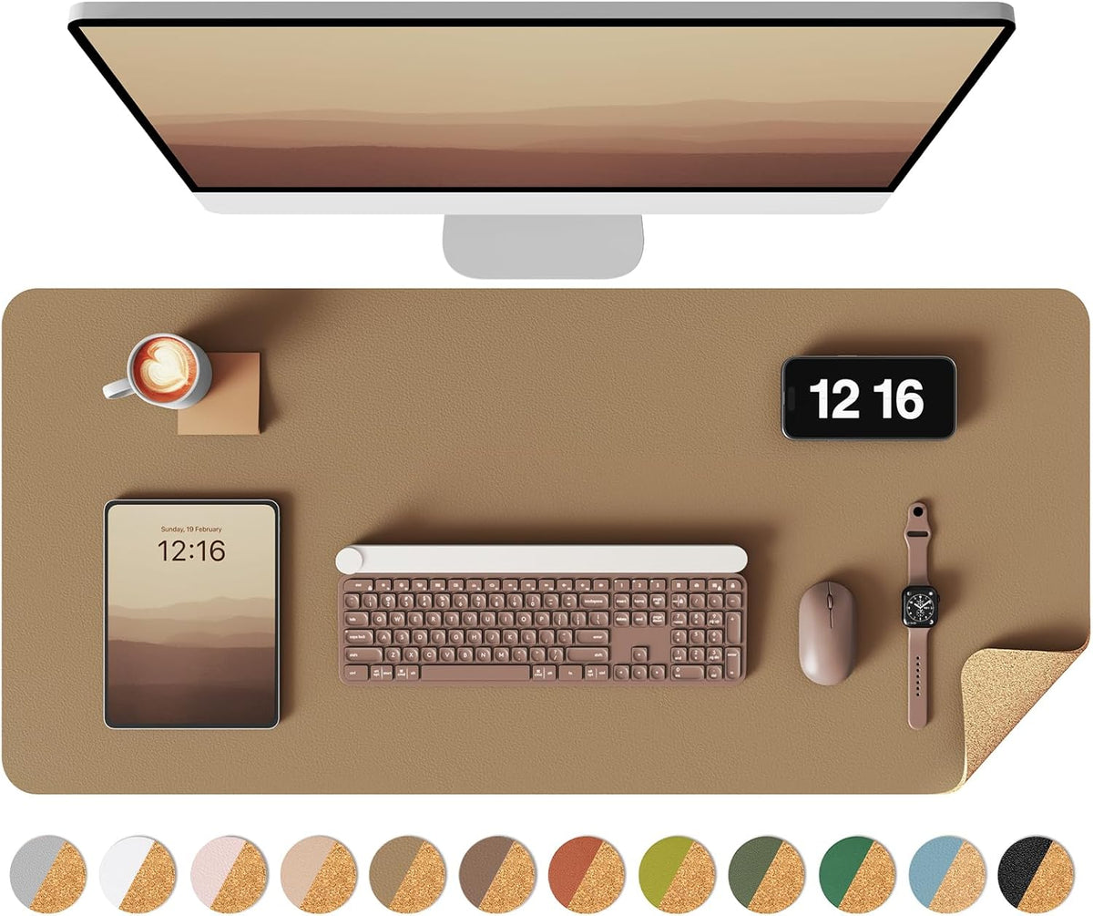 Double-Sided Desk Pad, 31.5"x15.7"Leather Desk Mat, Eco Cork Desk Pad Protector,Large Mouse Pad,Waterproof Desk Blotter for Office/Home(Coffee)