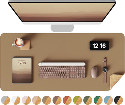 Double-Sided Desk Pad, 31.5"x15.7"Leather Desk Mat, Eco Cork Desk Pad Protector,Large Mouse Pad,Waterproof Desk Blotter for Office/Home(Coffee)