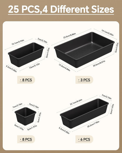 KEMETHY 25 PCS Plastic Drawer Organizers Set, 4 Sizes Vanity Organizer, Makeup and Desk Drawer Organizer Trays, Organization and Storage for Makeup, Bathroom, Kitchen Utensils and Office (Black)