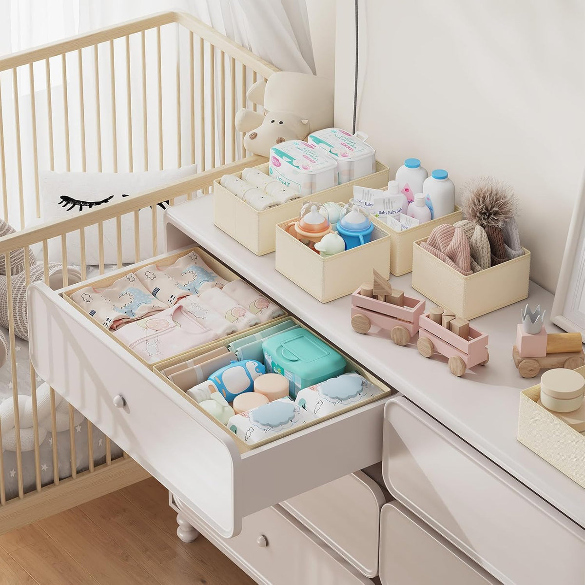 Drawer Organizer Clothes, Dresser Organizer, Foldable Closet Organizers and Storage, Fabric Dresser Bins, Drawer Dividers for Nursery, Baby Clothes, Underwears, Sock (Beige)
