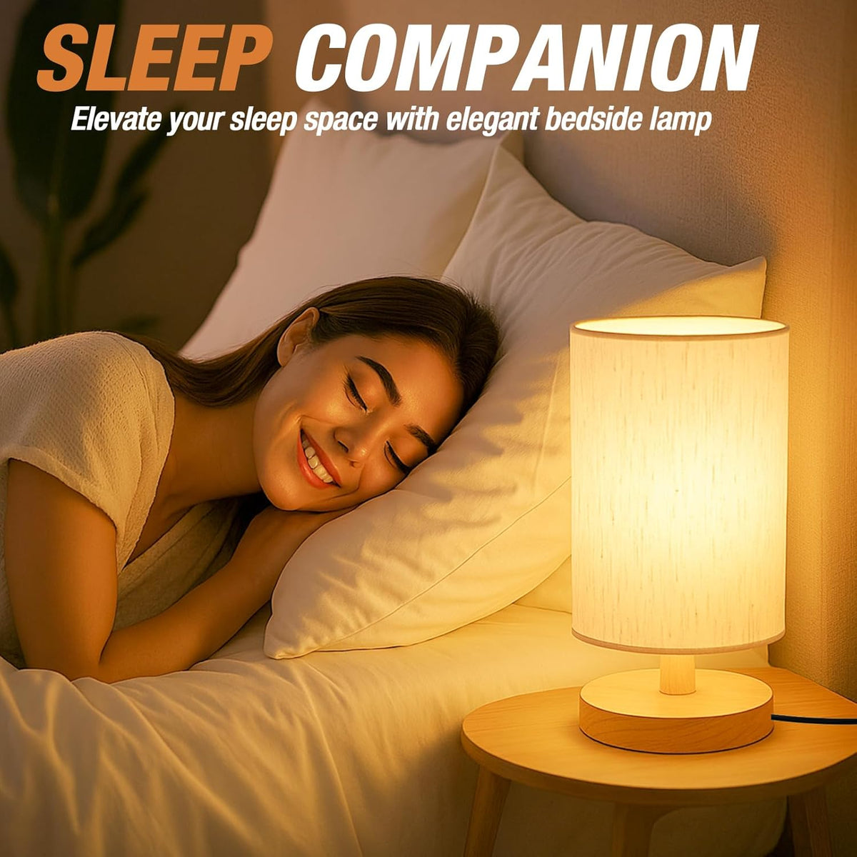 Desk Lamp LED Bulb Included, Small Bedside Table Lamp Plug-in - Classic Wood Base with Flaxen Fabric Shade, Lamps for Night Stands, Simple Nightstand Light for Bedroom, Office, Desk