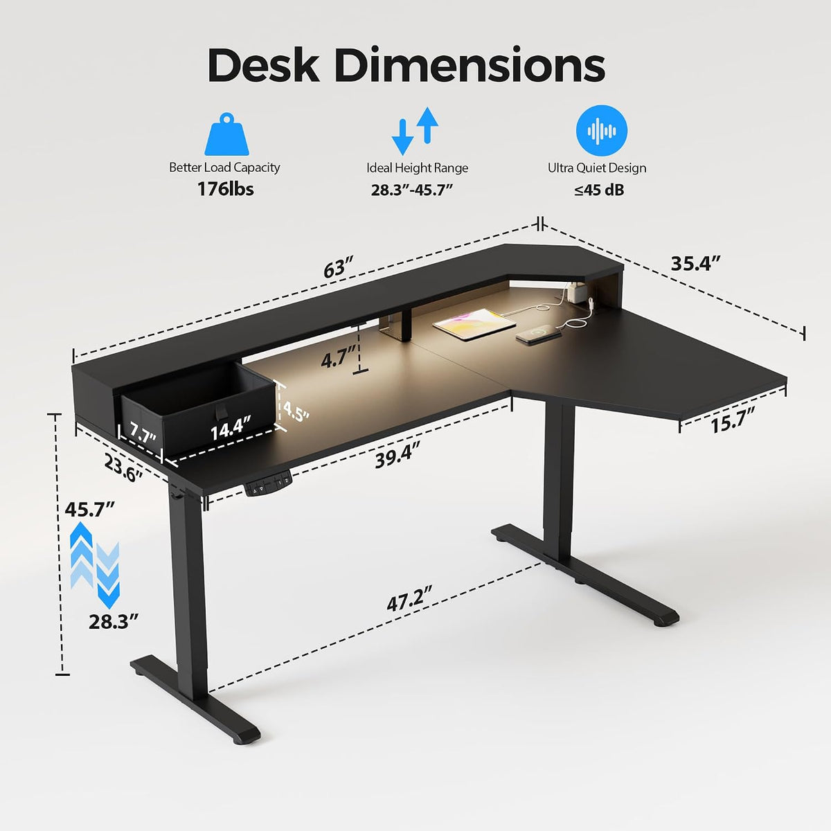 48 * 24 Inch Electric Standing Desk with Shelf & Led, Dark Walnut