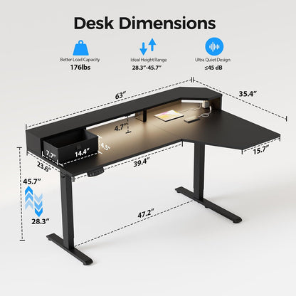 48 * 24 Inch Electric Standing Desk with Shelf & Led, Dark Walnut