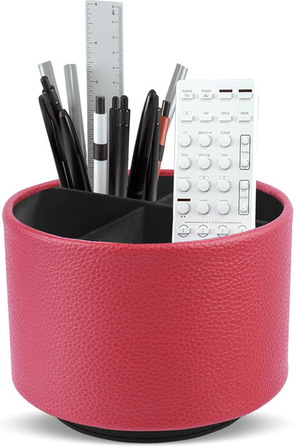 Round Leather Art Supply Organizer,Remote Control Holder,360 Degree Rotating,Multi-Functional Pencil Holder,4 Compartments Desktop Stationary Organizer(1-Blue Bird) - Colors C