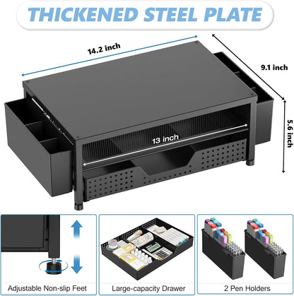 Desk Organizers and Accessories, Computer Monitor Stand Riser with Drawer and 2 Pen Holders, Printer & Laptop Stand, Office Desk Accessories & Workspace Organizers for Home Office Supplies, Black