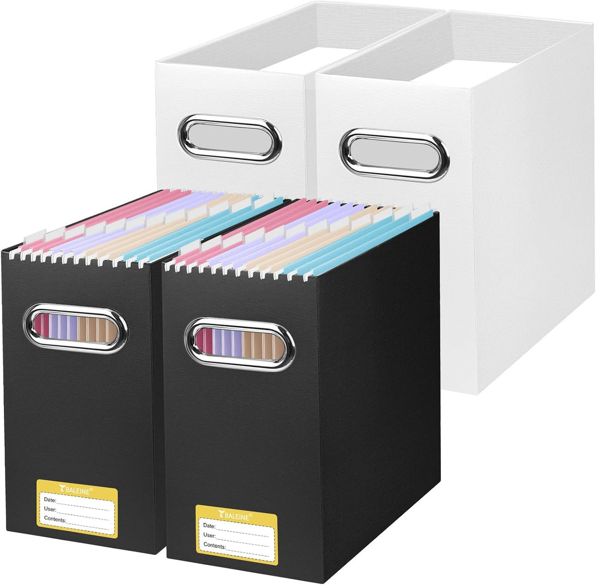 BALEINE File Organizer Box, Cardboard File Folder Organizer with Handle for Letter Size, Portable Collapsible Hanging Filing Box for Home Office Document Storage (2 Pack, Black)