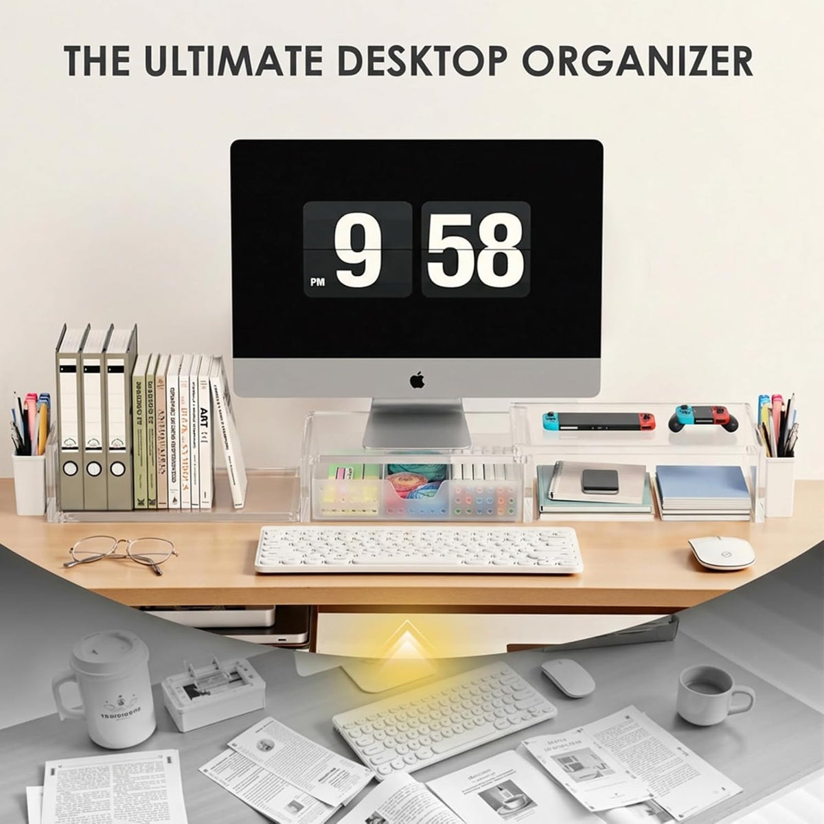 OPNICE Desk Organizers and Accessories, Dual Monitor Stand Riser with Drawer and 2 Pen Holders, Desk Shelf Metal Computer Racks for Office Workspace Organizers, Desktop Organization (Black Metal)
