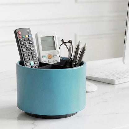 Round Leather Art Supply Organizer,Remote Control Holder,360 Degree Rotating,Multi-Functional Pencil Holder,4 Compartments Desktop Stationary Organizer(1-Blue Bird) - Colors C