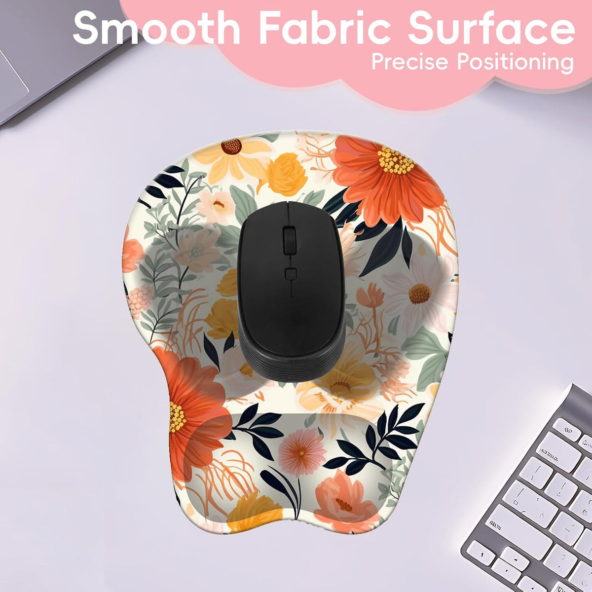 Wrist Support Mouse Pad Anti Slip Rubber Wrist Rest Mousepad 9in X 8in Small Desktop Notebook Mouse Mat for Working and Gaming (M-Pink Floral)