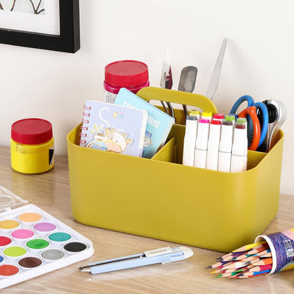 Multiuse Caddy Organizer with Handle, Portable Divided Plastic Tote Bin - Art Craft, Stationary Pen Marker Crayons, Makeup Hair Supplies Storage - Bathroom, Classroom, Dorm, Office, Desk Holder -Black