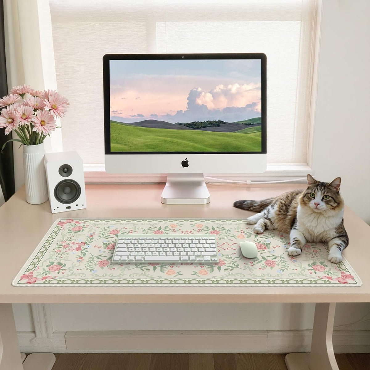 Desk Mat,Mouse Pad for Office Desk,35.4x15.7in,Pink Flowers