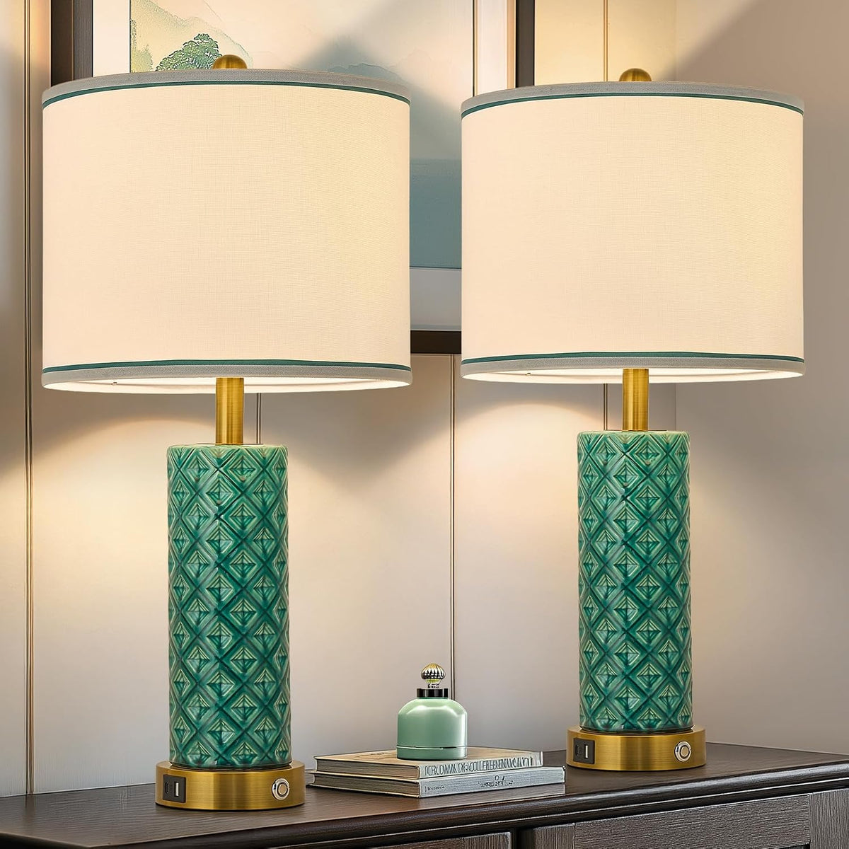 Small Bedside Table Lamp for Bedroom - Reading Desk Lamp with 3 Color Temperatures，15.5" Nightstand Ceramic Lamp with Fabric Shade for Kids Room,Living Room,Dorm,Home Office (Green)