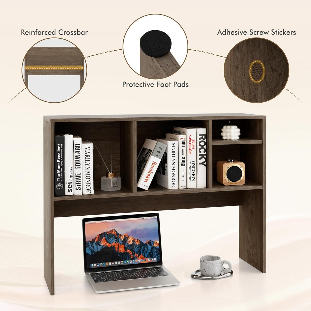 Desktop Bookshelf, Countertop Storage Hutch with 5 Shelves for Computer Desk, Desk 3-Tier Display Rack, Multipurpose Wood Desktop Hutch Storage Organizer for Dorm Office Home