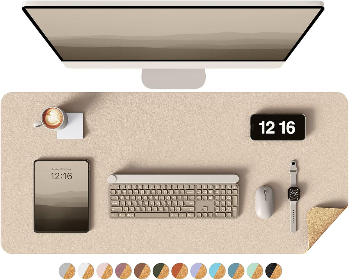 Double-Sided Desk Pad, 31.5"x15.7"Leather Desk Mat, Eco Cork Desk Pad Protector,Large Mouse Pad,Waterproof Desk Blotter for Office/Home(Coffee)